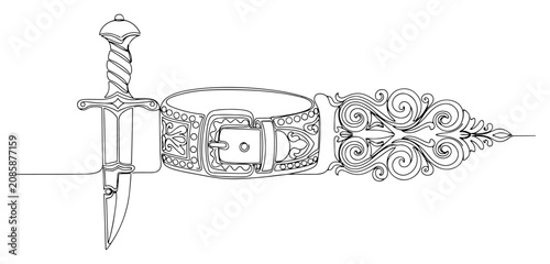 Εκτύπωση καμβά Ornate dagger with traditional belt and decorative scabbard in continuous line a