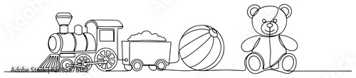 Toy train with ball and teddy bear in continuous line art style