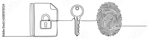 Digital security folder with key and fingerprint in continuous line art style
