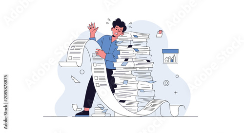 Stressed businessman overwhelmed by a giant pile of paperwork and bills, tax return and work stress illustration.