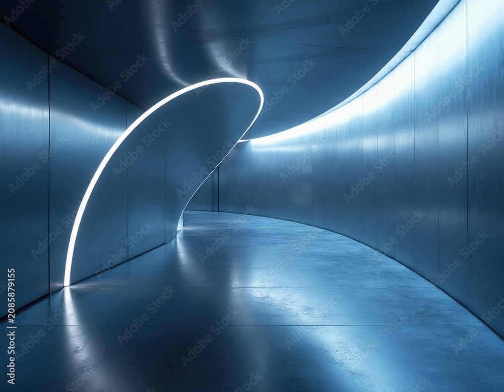 Fototapeta premium Curved walkway with smooth metallic walls and floor reflecting bright white lights. Modern futuristic interior design with neon illumination accentuates a sleek architectural passage.
