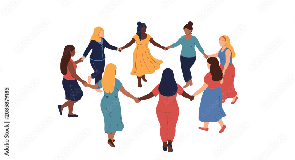 Obraz premium Multiethnic group of diverse young women holding hands while dancing together in a circle on a white background.