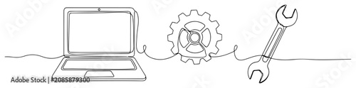 Laptop computer gear and wrench representing technical support in continuous line art style