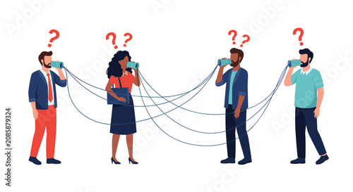 Confused diverse people try to communicate using tin can telephones with highly tangled and messy connecting strings.