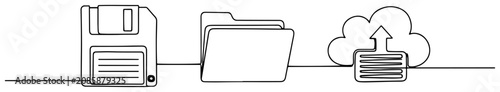 Floppy disk file folder and cloud upload icon for data storage in continuous line art style