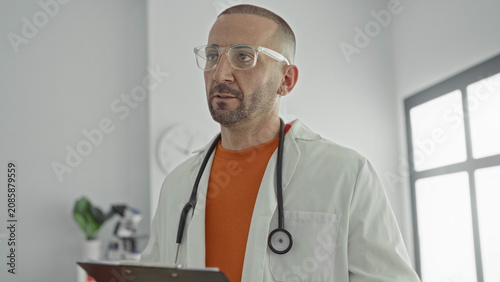 Valokuva Man doctor with stethoscope and labcoat reading a clipboard while speaking and wearing clear glasses in clinic; calm care