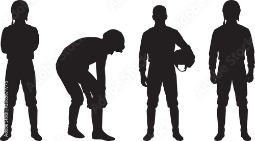 Fotografie Horse Racing Jockey Silhouettes Standing and Resting Poses Set

Silhouettes of four professional horse racing jockeys in relaxed and post-race poses