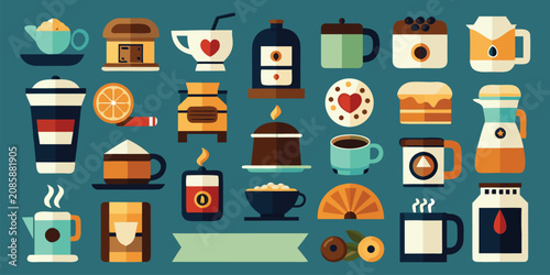 Fotografía Flat style coffee themed icon collection featuring assorted drinks and café equi