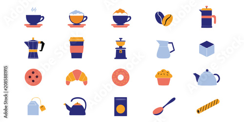 Minimalist coffee shop and breakfast icons in vibrant flat colors
