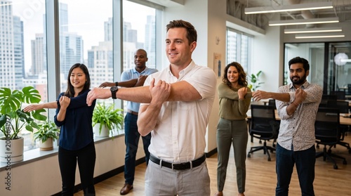 Corporate wellness program with diverse office employees stretching, healthy workplace culture and team building activity, professional staff exercising together