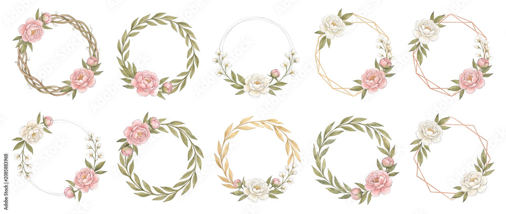 Fototapeta premium Floral wreaths botanical frames watercolour peony borders collection featuring gold geometric circles and green leaf foliage elements over black backdrops for romantic wedding invitation card designs.