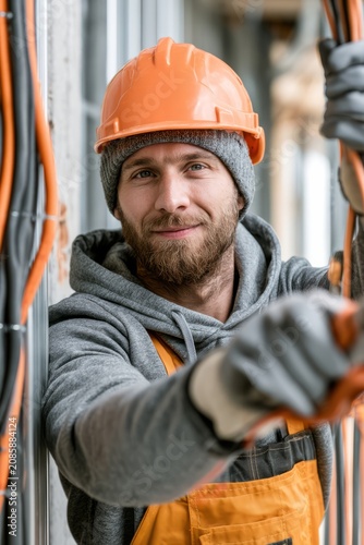 Electrician installing wiring at construction site smiling,  vertical