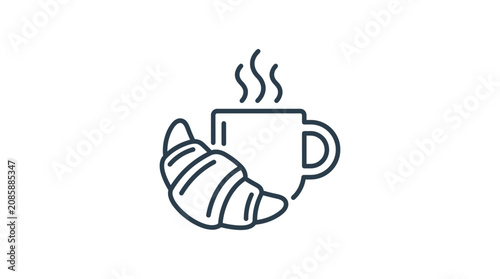 Hot Coffee Cup with Croissant Icon - Breakfast Meal Line Art
