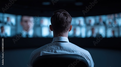 A man watches multiple blurred video screens in a dark room, suggesting surveillance or monitoring activity.