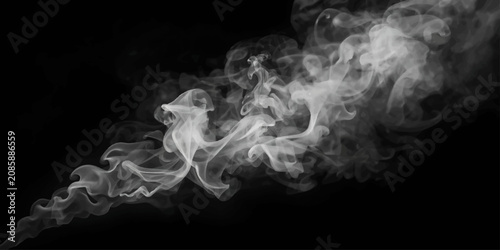 Abstract White Smoke Waves and Swirling Mist on Black Background with Flowing Light and Mysterious Flame-Like Shapes.