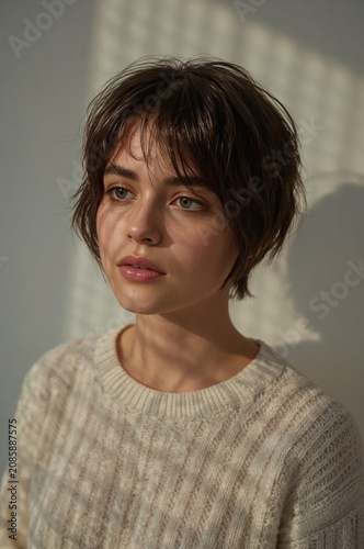 Young Woman With Short Hair Poses in a Room With Natural Light at Afternoon