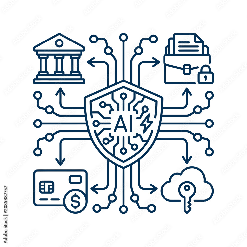 Naklejka premium Artificial Intelligence Cybersecurity Shield Protecting Financial Data and Digital Assets