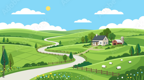 A picturesque cartoon landscape of rolling green hills with a winding road leading to a charming farm. The sun shines brightly in a blue sky with fluffy white clouds.