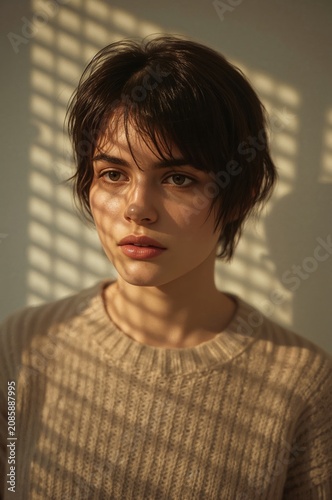 Young Woman Sitting by a Window With Shadows on Her Face in Indoor Light