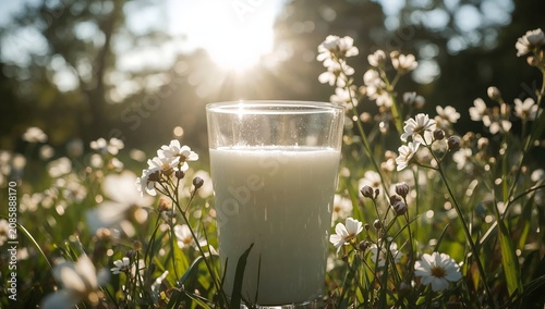 Milk Stands in a Glass Among White Flowers With Sunlight Shining in the Backg...