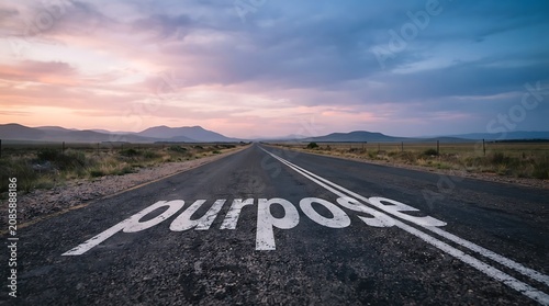 Empty Road with Purpose Written on Asphalt Leading to Sunset Mountains and Open Horizon