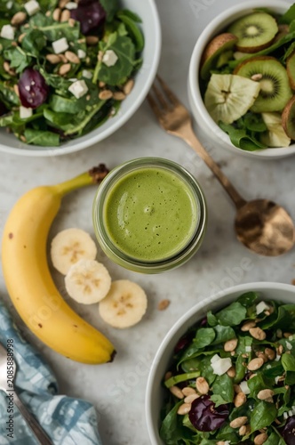 Fresh Green Smoothie and Healthy Salad Bowls Arranged on a Table With Fruit