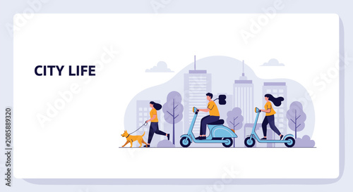 Urban city life banner illustrating active citizens walking a dog and riding scooters past modern skyscrapers.