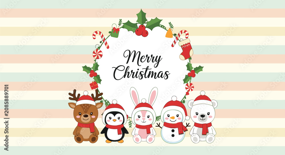 Fototapeta premium Cute winter animals including a reindeer, penguin, rabbit, snowman, and polar bear celebrating a Merry Christmas with a festive wreath.