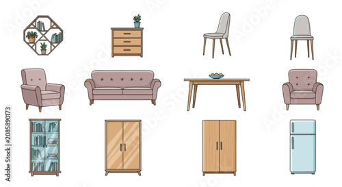 Elegant set of living room and kitchen furniture icons including comfortable sofas, wardrobes, chairs, and table.