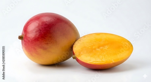 Whole and sliced mango isolated on white background on white background