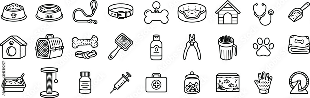 Fototapeta premium Pet Supplies Icon Set Vector Outline for Dog Cat Care Product Elements
