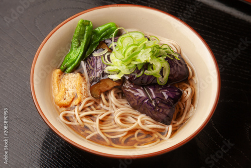 揚げなす, あげなす, アゲナス, 揚げ茄子, なす, ナス, 茄子, そば, 蕎麦, ソバ, 麺, 麺料理, 醤油, つゆ, めんつゆ, だし, 出汁, 薬味, ネギ, ねぎ, 葱, おろししょうが, 生姜, ショウガ, 大根おろし, みょうが, ミョウガ, 大葉, かつお節, カツオ節, ランチ, 昼食, 夕食, 食卓, 和風, 和食, 家庭料理, 手作り, 器, 箸, 旨味, 日本食, 盛り