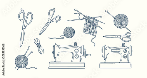 Fotografie Hand drawn outline illustration set of vintage sewing machines knitting yarn scissors and needles