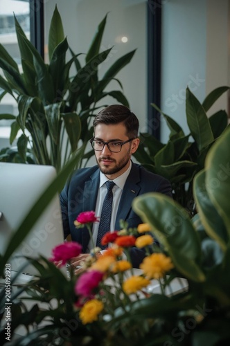 Business Professional Working at a Desk With Plants and Flowers Around in a M...