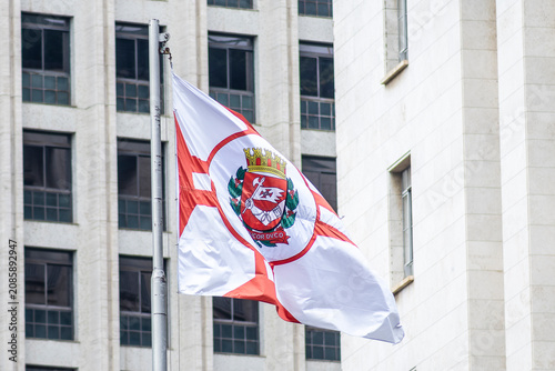 Sao Paulo city flag fluttering in the wind with building in the background. Brazil