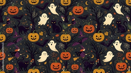 Halloween seamless pattern with cute pumpkins and ghosts on a dark background