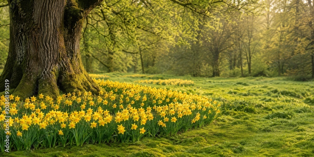 Obraz premium Daffodils Around Ancient Oak Tree in Spring Meadow