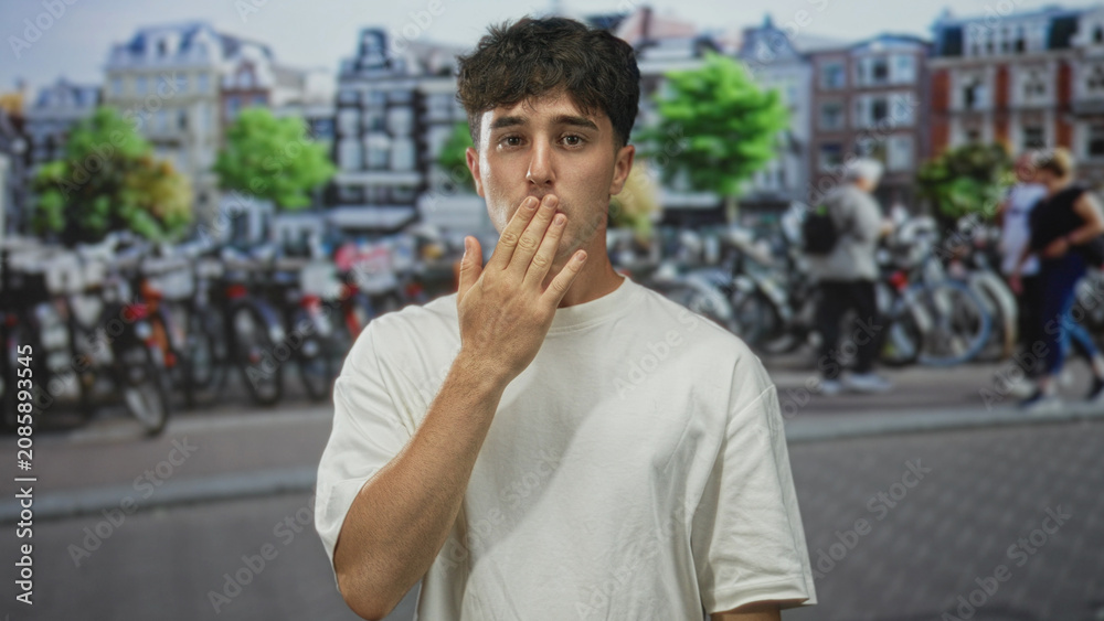 Fototapeta premium Man points both index fingers on city street in amsterdam, visible forearms and hands; quiet pensiveness.