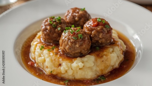 Meatballs Served on Mashed Potatoes With Gravy in a Round White Dish