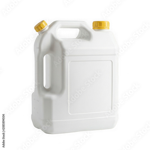 Empty white plastic jerry can with yellow cap isolated on white background