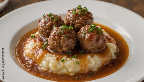 Meatballs Served on Mashed Potatoes With Gravy in a Bowl During Daytime Meal ...