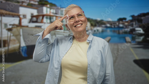 Fotografie Woman points finger to head on a seaside street with boats and dock visible; joyful travel memory recollection