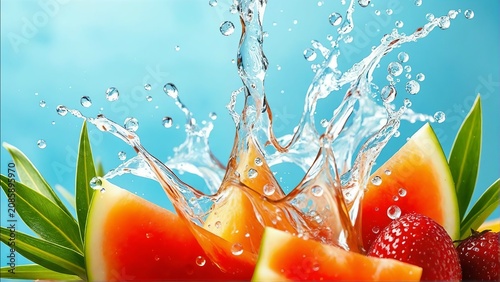 Vibrant watermelon and strawberry splash fresh fruit summer drink and healthy lifestyle concept