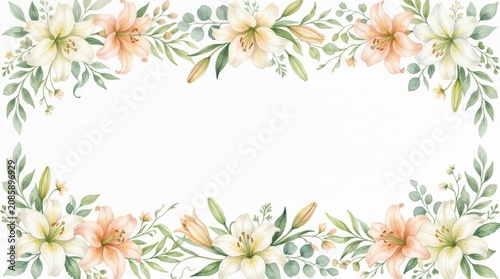 Watercolor floral frame with white and orange lily flowers watercolor greenery