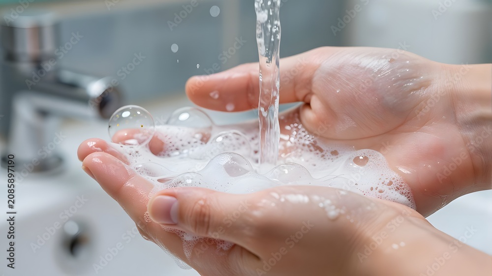 Fototapeta premium Close up of person washing hands with soap bubbles under running water in a bright bathroom setting to maintain personal health with covered thick white soap lather bubbles