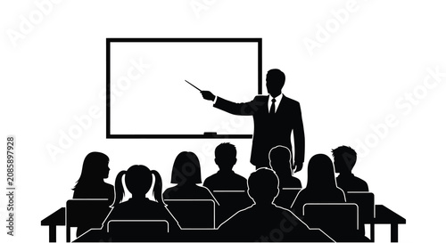 Classroom scene with teacher and students in black silhouette against a white background silhouette lecture education learning teaching instructor professor