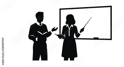 Teacher and student presenting in front of a whiteboard a dark vector silhouette professor educator instructor lecturer presenter teaching learning