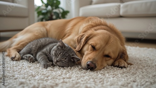 Dog and Cat Resting Together on a Soft Rug in a Cozy Living Room
