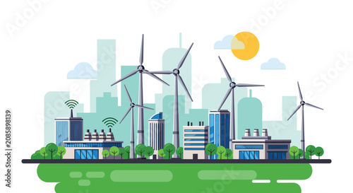 Eco friendly green city landscape featuring modern buildings and towering wind turbines under a yellow sun.