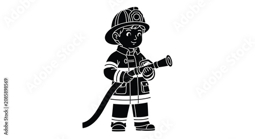 Photos Firefighter with hose and helmet a black vector silhouette against a white backg